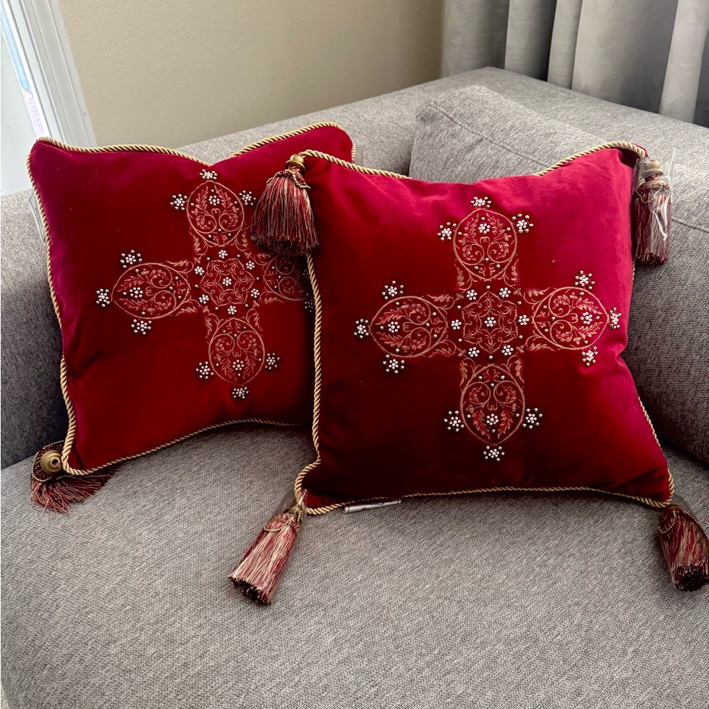 FRONTGATE Red Velvet Tasseled Bejeweled Embroidered Cross Pillow 18x18 set of 3